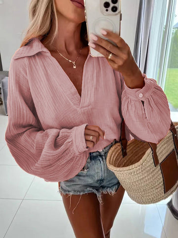 Woochic chemisier avec boutons coton v-cou manches bishop décontracté femme blouse Rose S